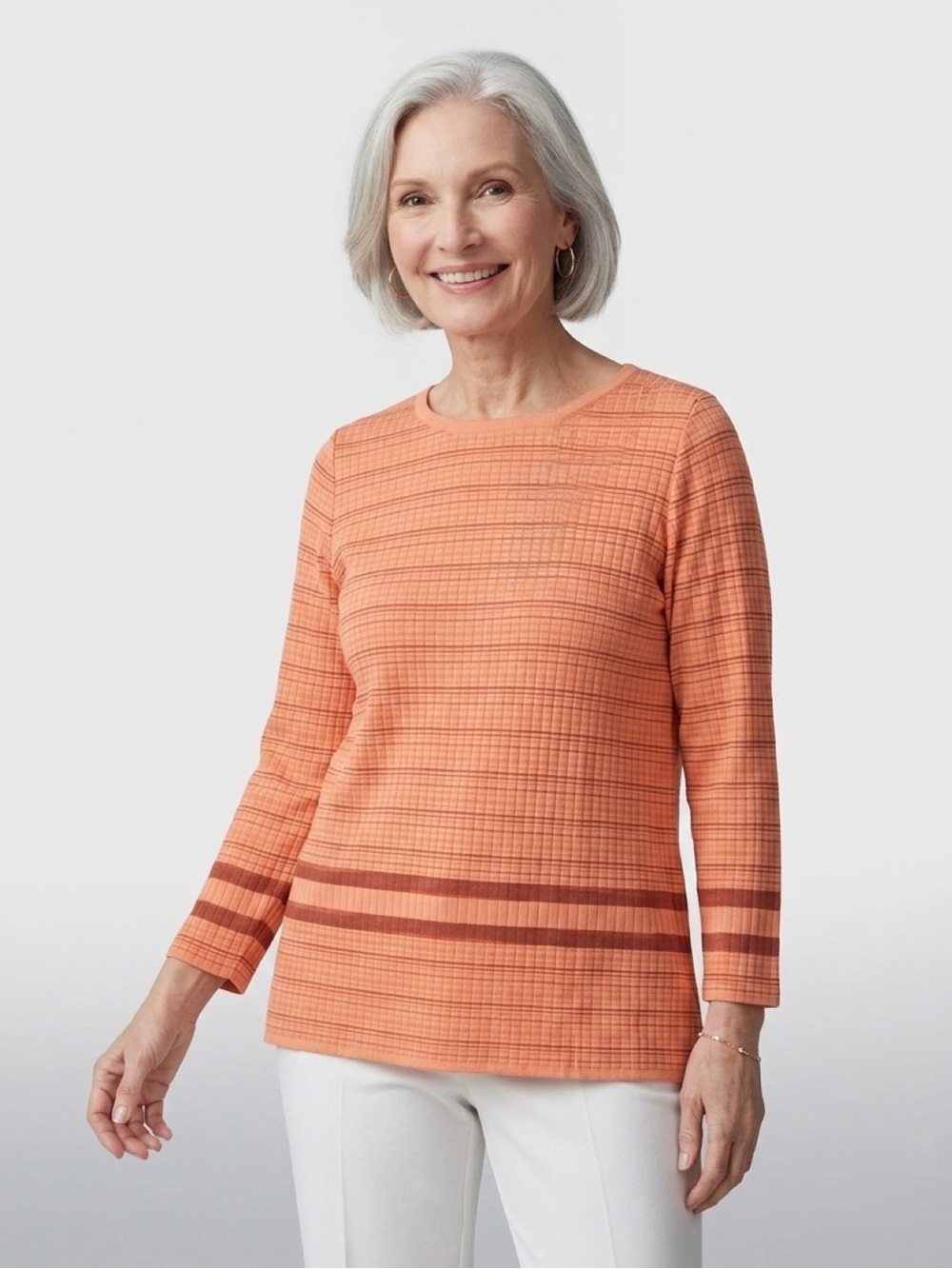 Misook Peach-Orange Textured Long Sleeve Knit Top